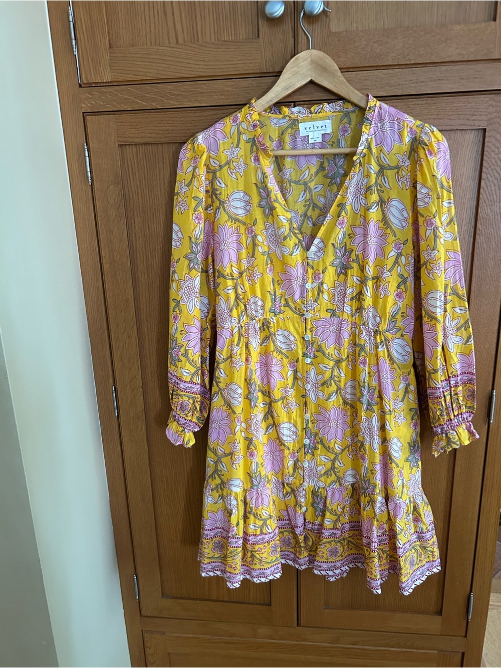 Velvet by Graham & Spencer Yellow Floral V-Neck Tunic with Pink Accents